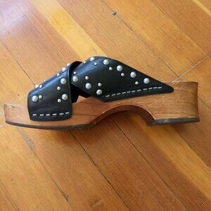 Tony Bianco Black Leather Studded Wooden Platform Mule Slide Clog Sandals